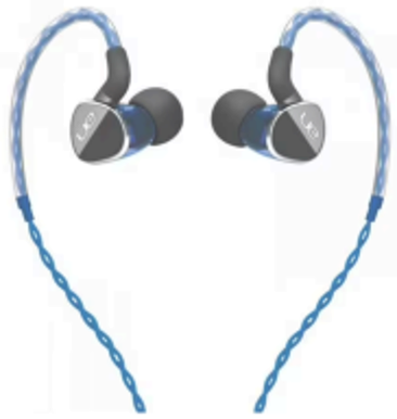 Two blue earbud headphones curled in the shape of a heart